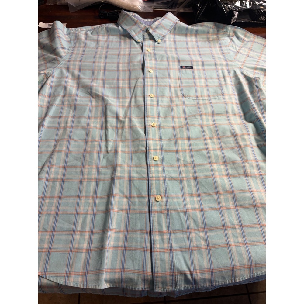 Chaps Mens XXL Easy Care Plaid Button Down Shirt Light Blue Orange Short Sleeve